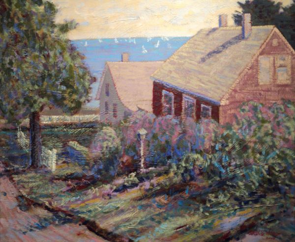 Painting of houses overlooking the ocean near Mystic