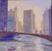 Chicago Painting: View of Chicago River bridge, equitable bulilding, tribume tower