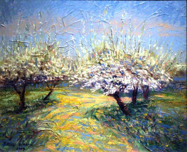 Orchard painting: apple trees with blossoms